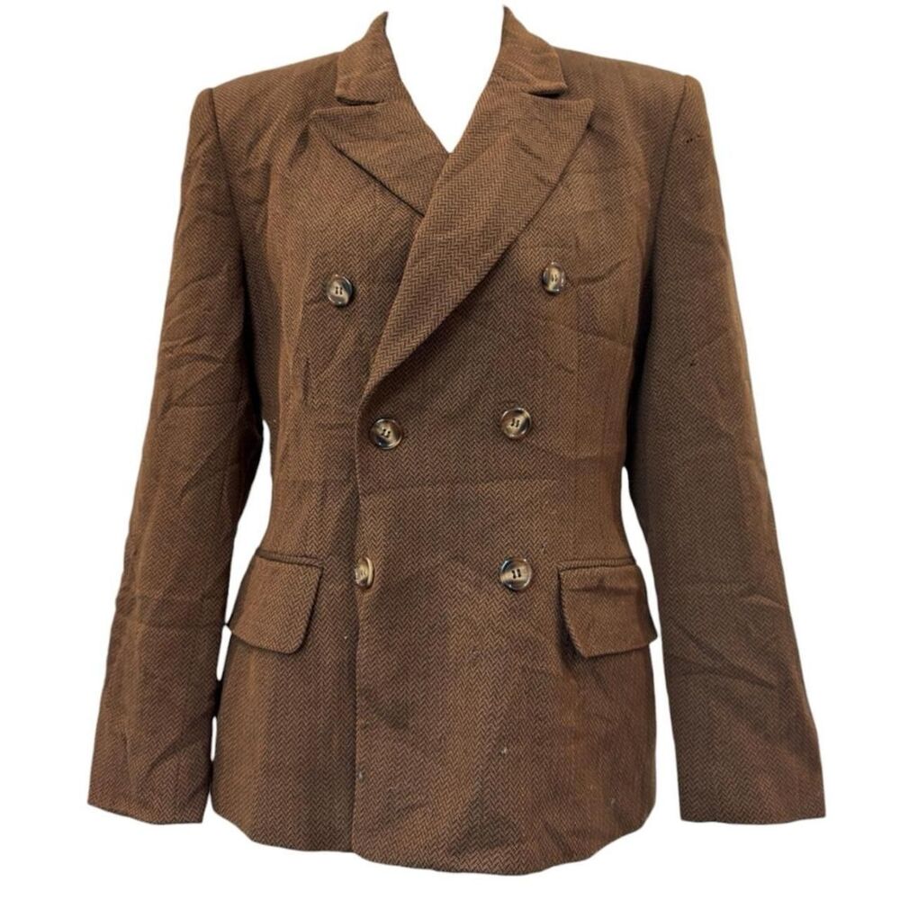80s Jones New York brown herringbone double breasted blazer buttons Wool size 10